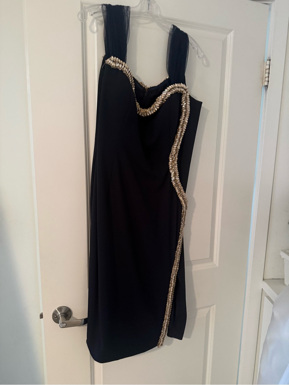 Terani Couture Black Midi Dress with Gold Beaded Trim